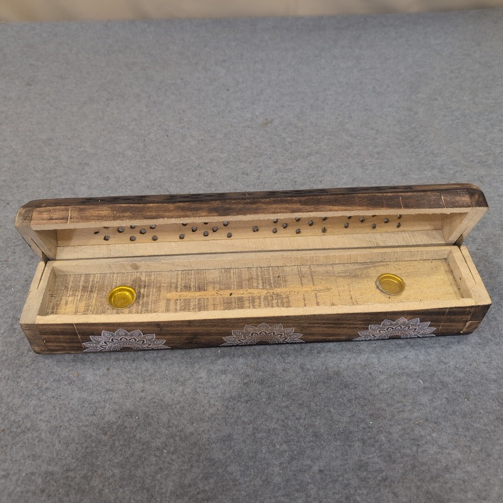 Wooden Incense Burner Box Mandala Floral Print Hinged Ash Catcher India 39408 - Picture 3 of 6
